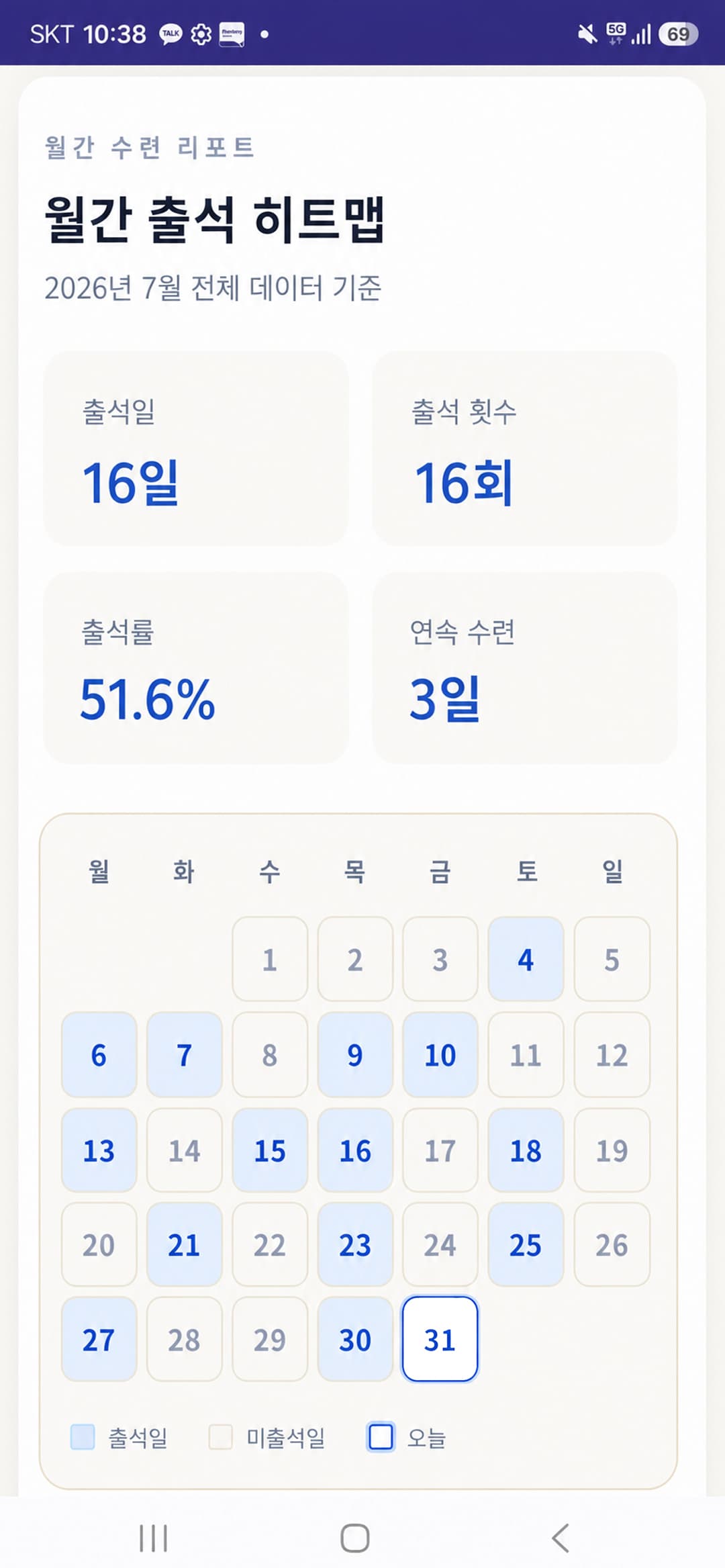Practice App 출석 히트맵 화면